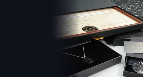 Framed star certificate and engraved keepsakes presented in black gift boxes
